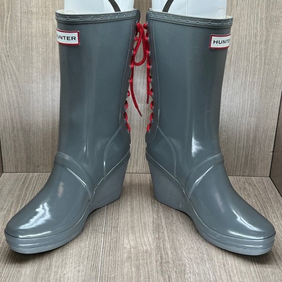 Hunter Rain Boots Womens Size 7 Verbier Tall Lace Up Detail Wedge Rubber Gray - Picture 5 of 10